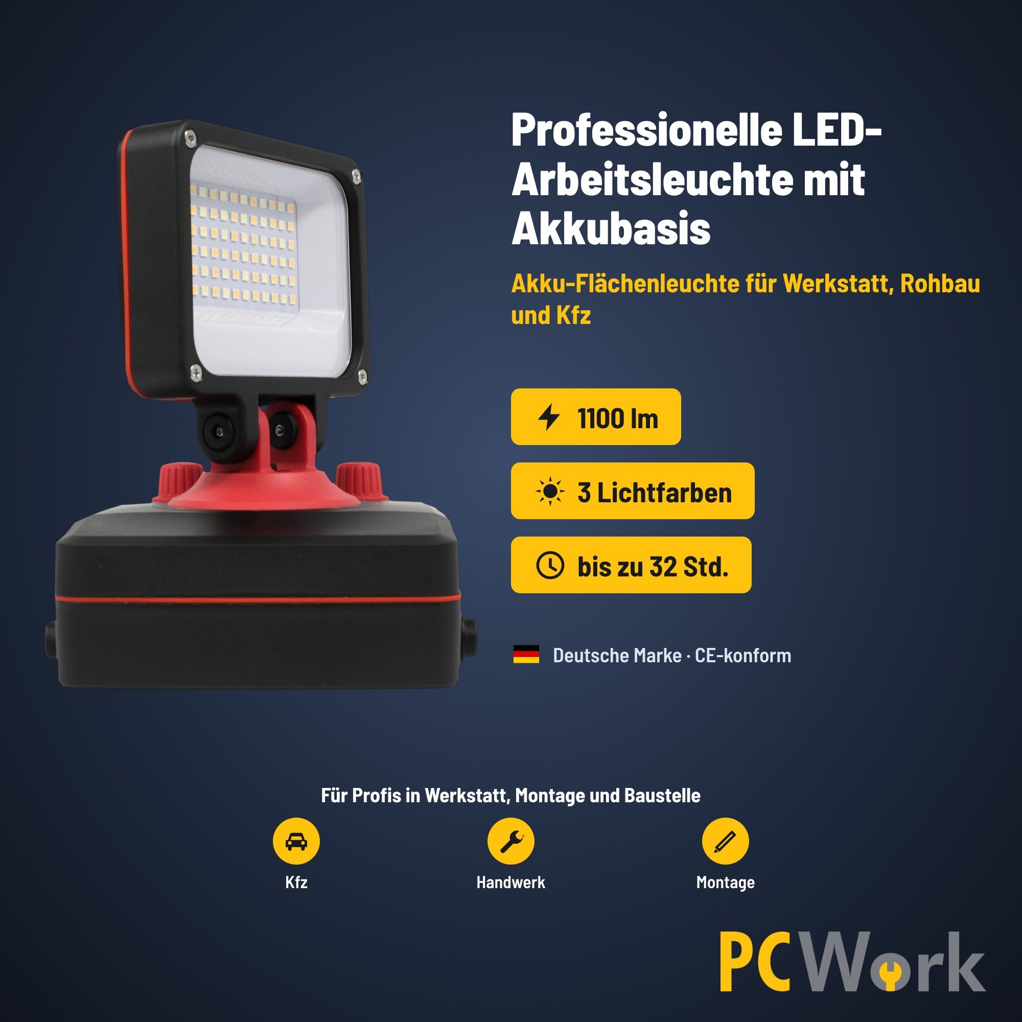 PCW12Q LED-Arbeitsleuchte mit Akkubasis, 1100 Lumen und 3 Lichtfarben