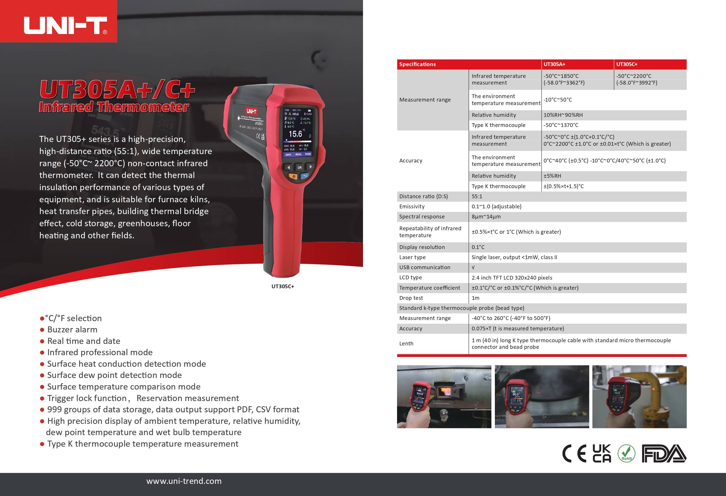Datasheet for the UNI-T UT305C+ infrared thermometer listing all technical specifications, including the -50°C to 2200°C range and 55:1 D:S ratio.