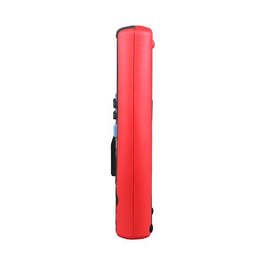 Seitenansicht des UNI-T UT71C Profi-Multimeters, die das schlanke Profil und das ergonomische, rote Schutzgehäuse hervorhebt.