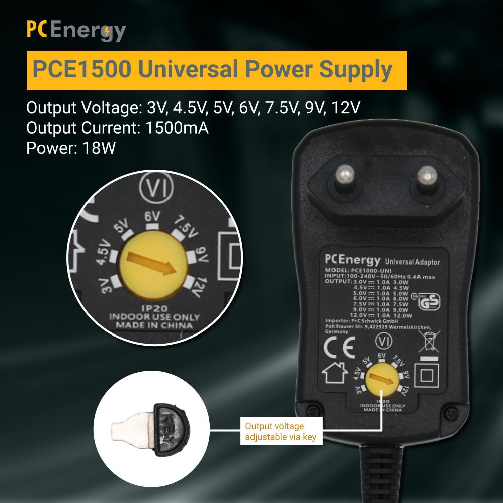 PCE1500-UNI Universal power supply; 3-12V; 1,5A; 18W