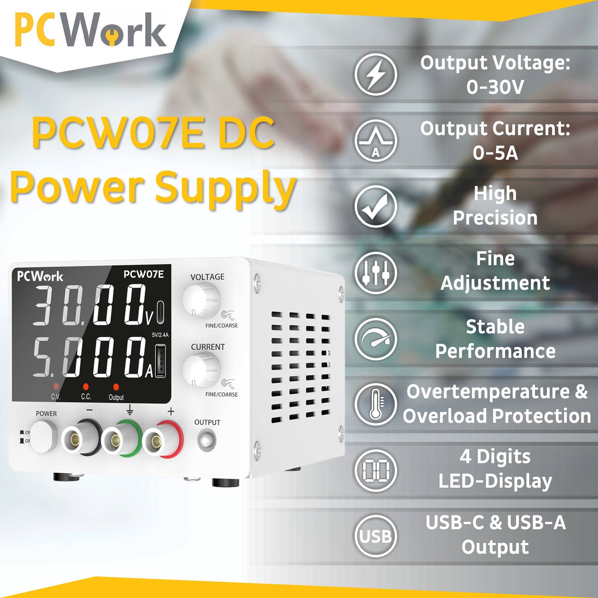 Englische Infografik des PCWork PCW07E DC Labornetzteils, die Merkmale wie 0-30V Spannung, 0-5A Strom, hohe Präzision und USB-Ausgänge zeigt.