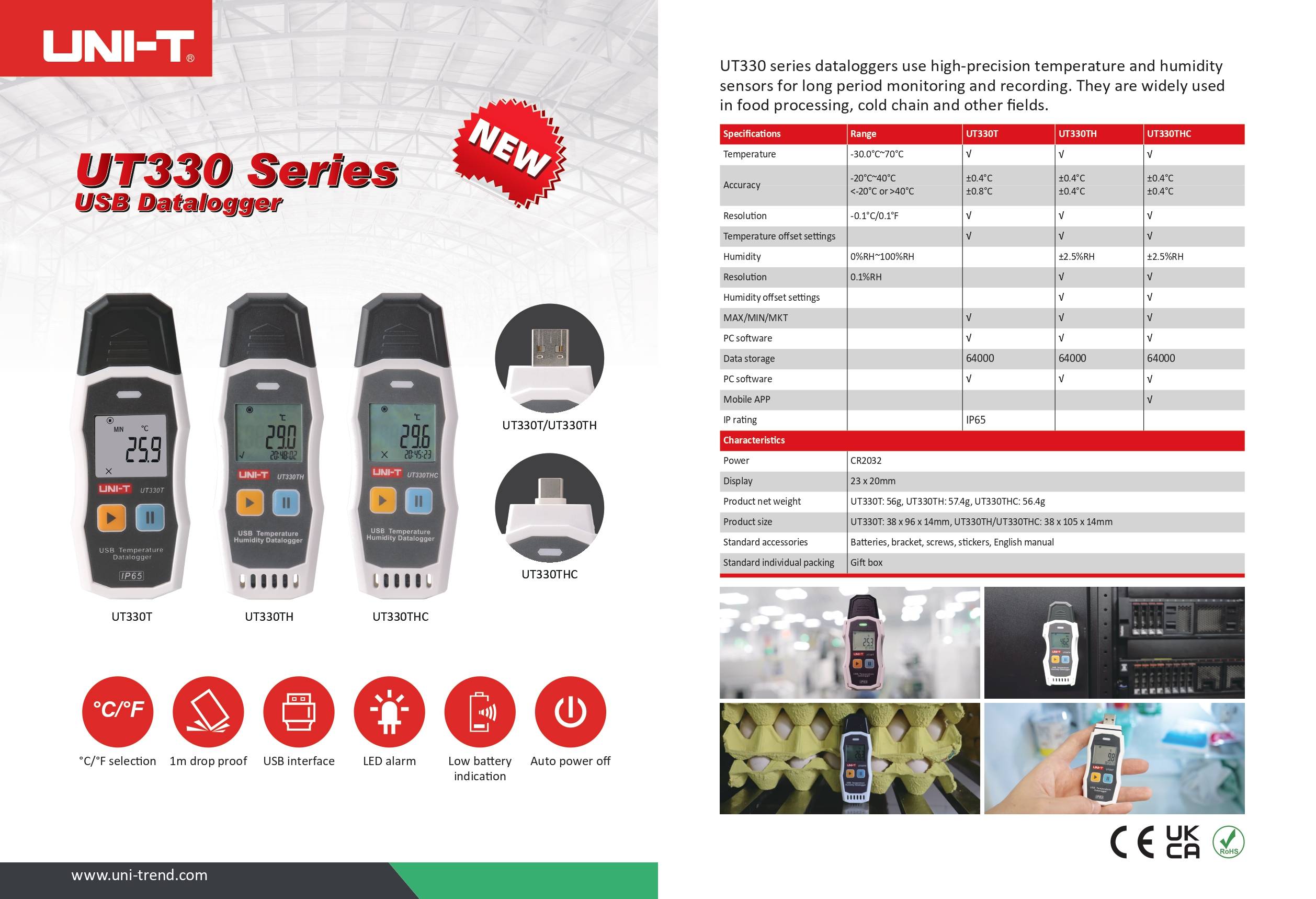Datenblatt der UNI-T UT330 Serie, das die technischen Spezifikationen und Merkmale der USB-Datenlogger UT330T, UT330TH und UT330THC vergleicht.