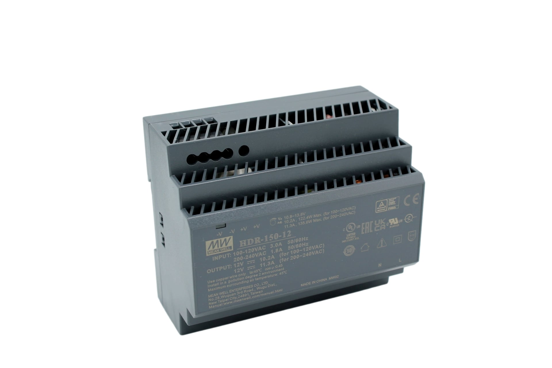 HDR-150-12 DIN rail power supply, 135.6W, 12V, 11.3A, MEAN WELL