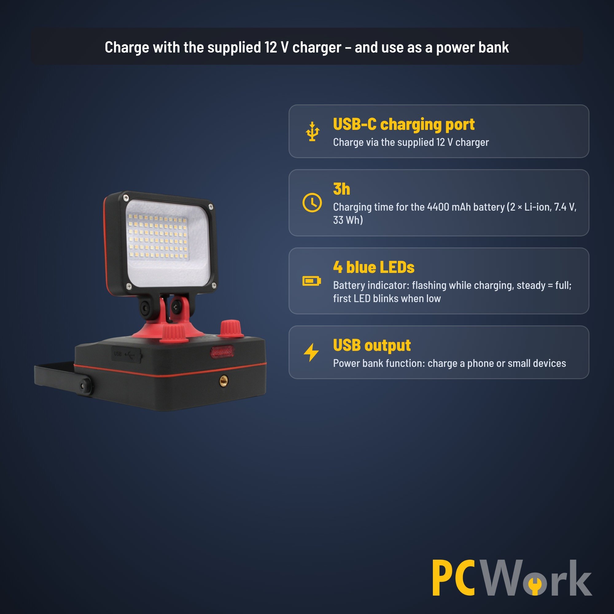 PCW12Q Lade- und Powerbank-Funktion auf Englisch mit 4400-mAh-Akkudaten