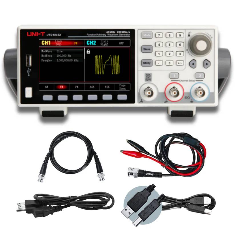 UNI-T UTG1042X function generator with all included accessories, such as BNC cables, power cord, and USB cable.