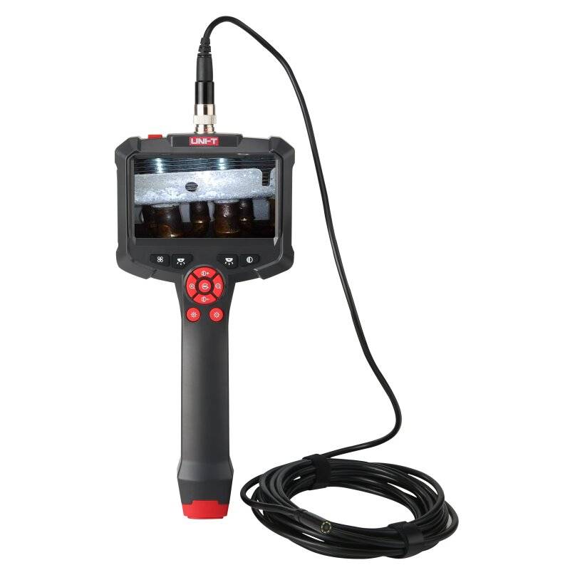 UNI-T UT665P-5m Industrie-Endoskop mit 5m Sonde, das Innere einer Maschine auf dem Display anzeigend.
