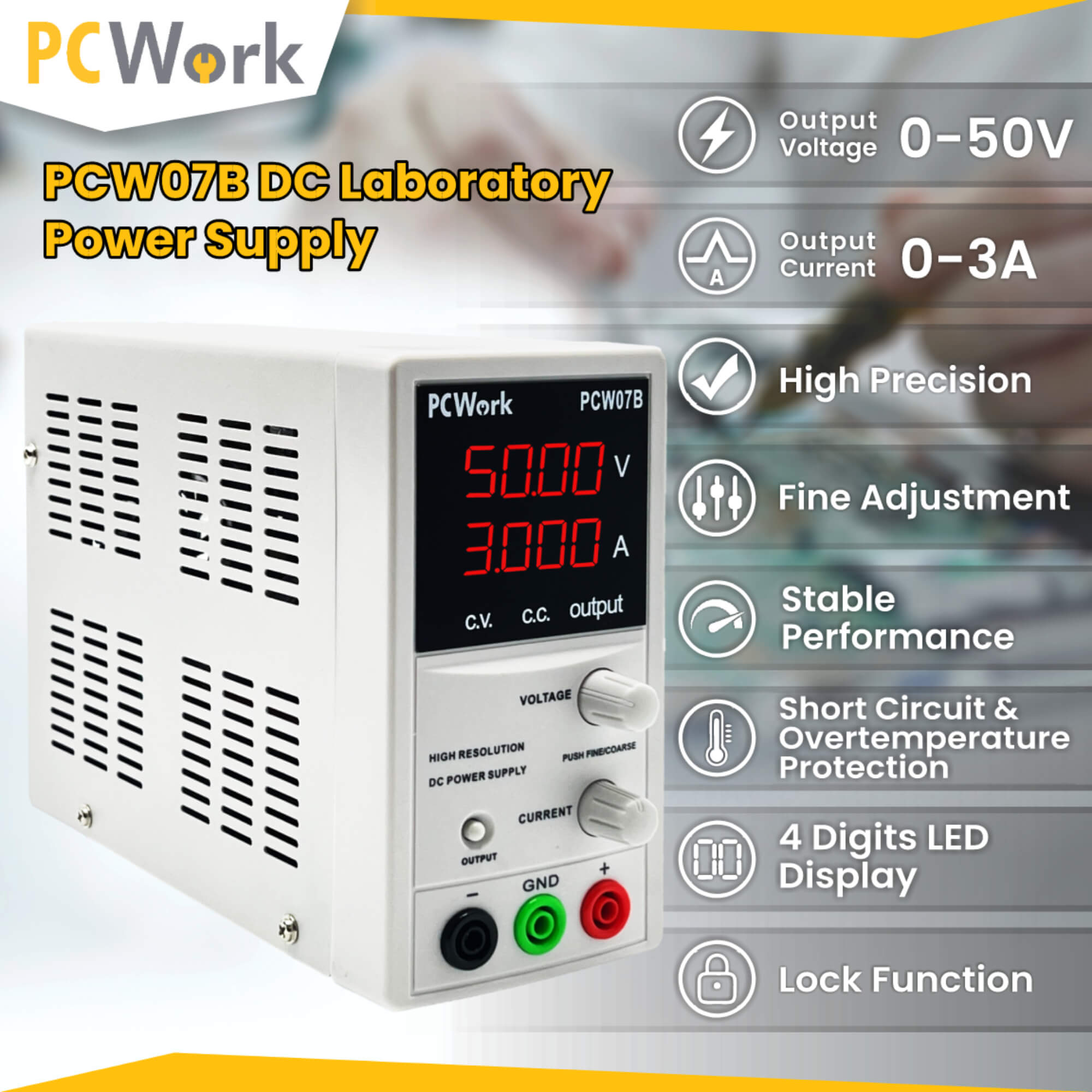 PCW07B Laboratory Power Supply, DC, 0-50V, 3A