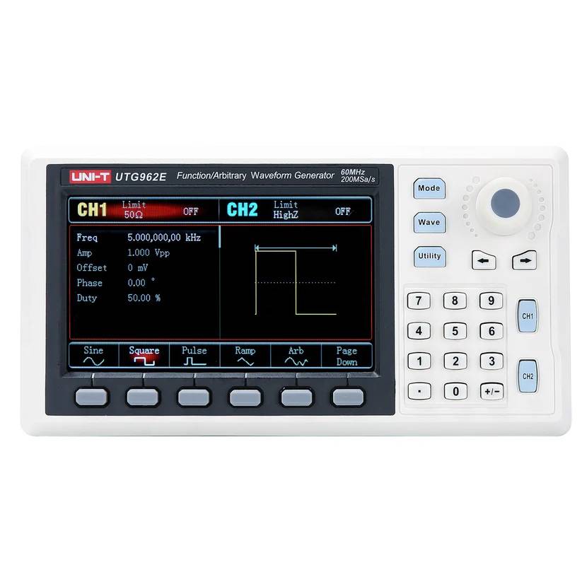 Front view of the UNI-T UTG962E function generator with its active dual-channel display showing a 60 MHz square wave.