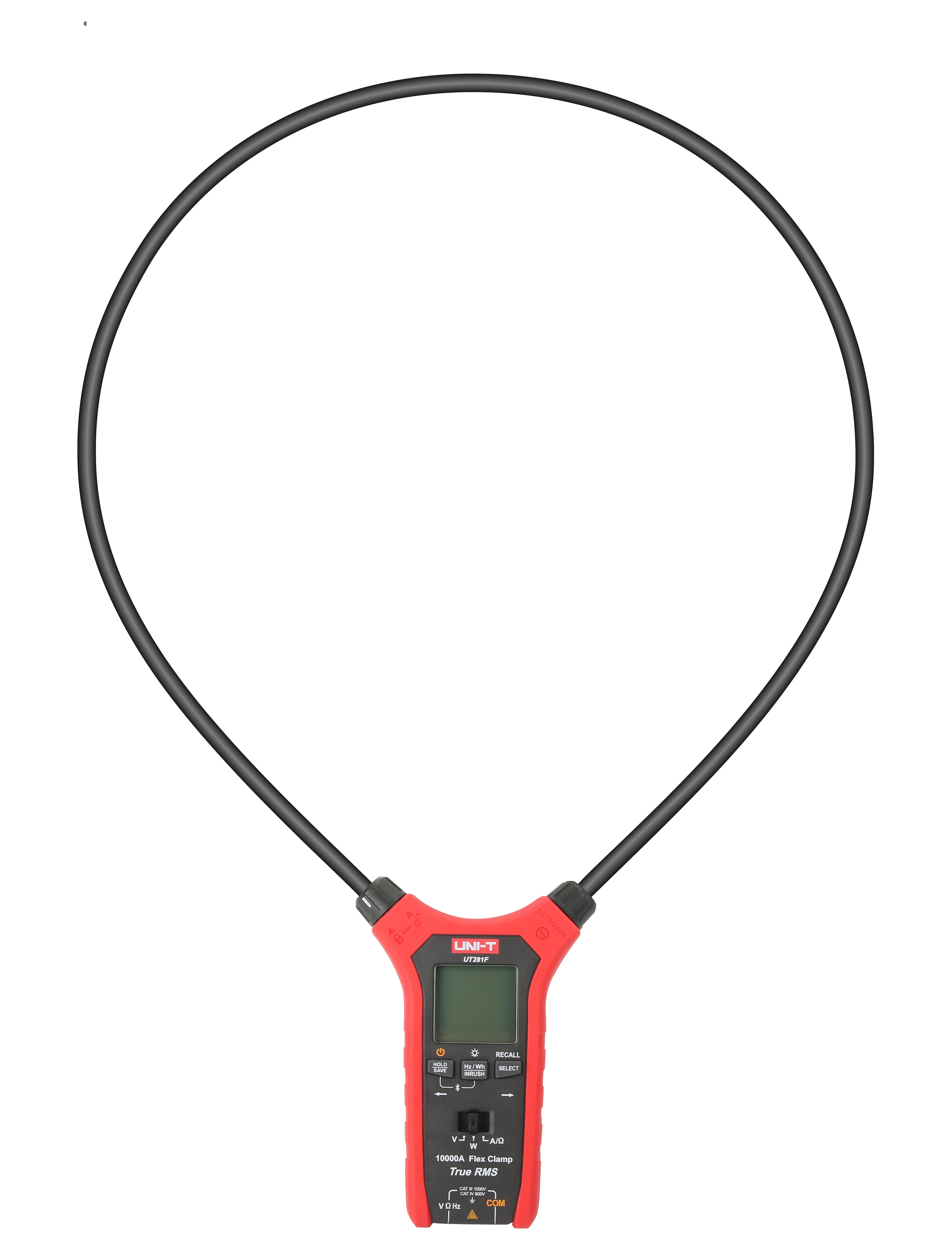 UNI-T UT281F Flexible Stromzange in der Frontalansicht mit großer Messschleife, isoliert auf weißem Hintergrund.