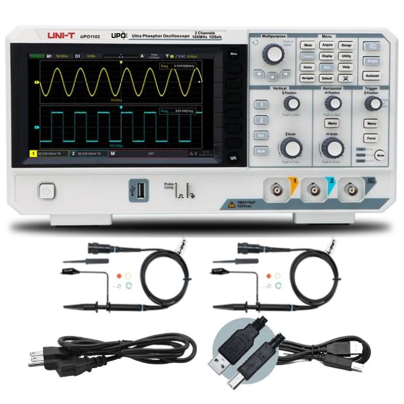 UNI-T UPO1102 oscilloscope with included accessories: two probes, power cord, and USB cable for web remote control.
