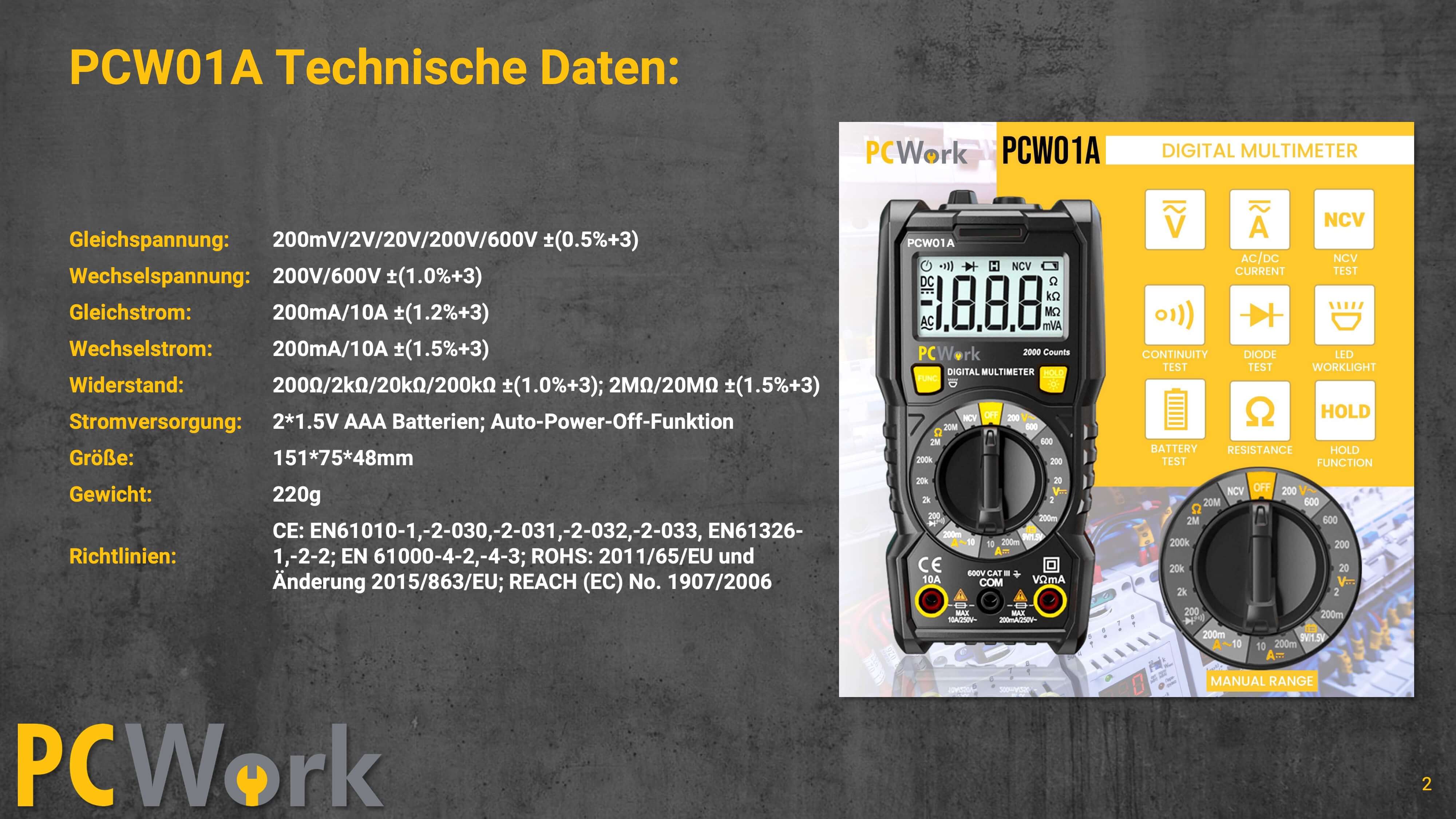 PCW01A Digitalmultimeter, 2000 Counts, CAT III 600V PCW01A Digitalmultimeter, 2000 Counts, CAT III 600V