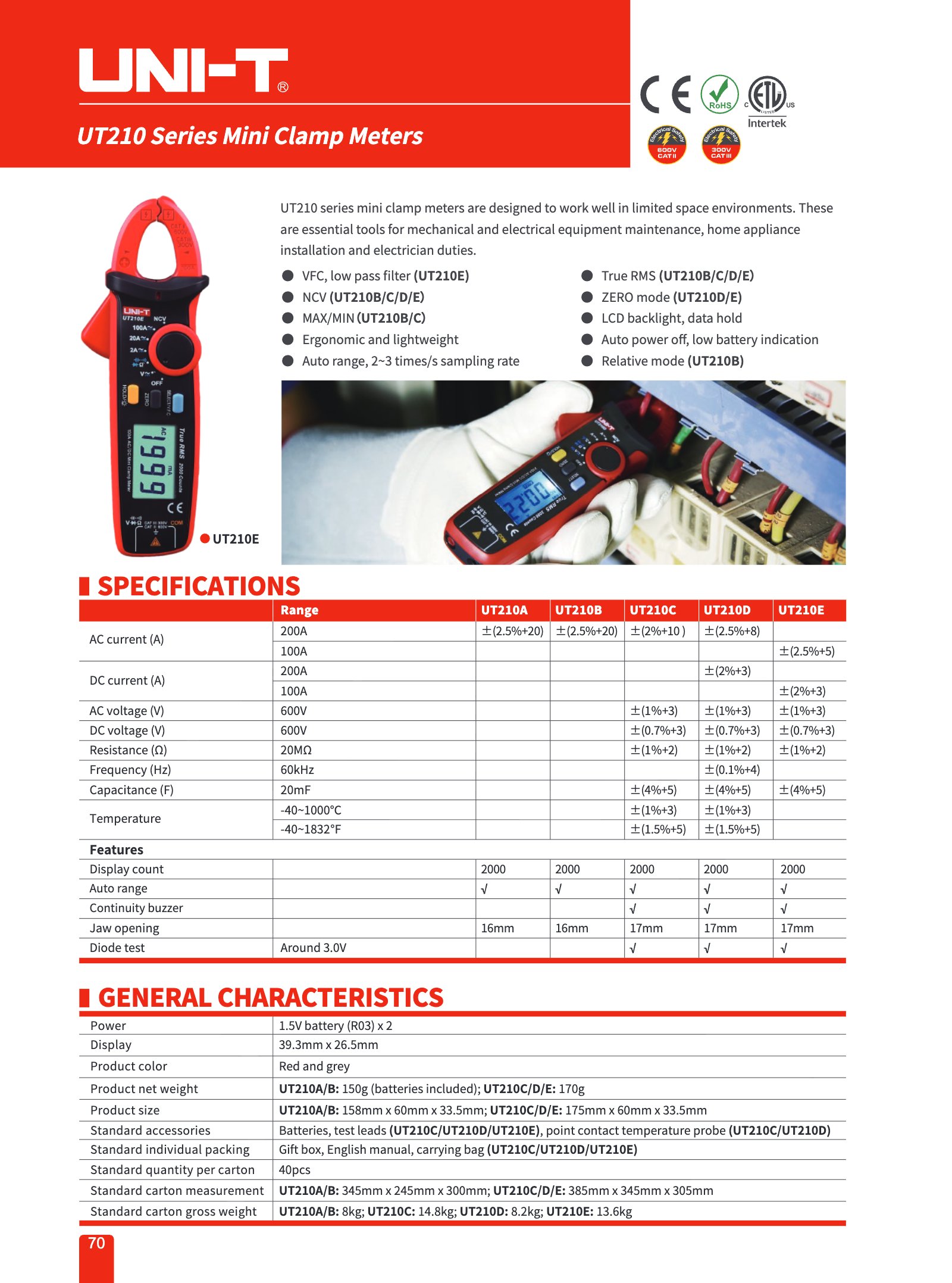 Technical data sheet page 1: Specifications of UNI-T UT210E mini clamp meter series