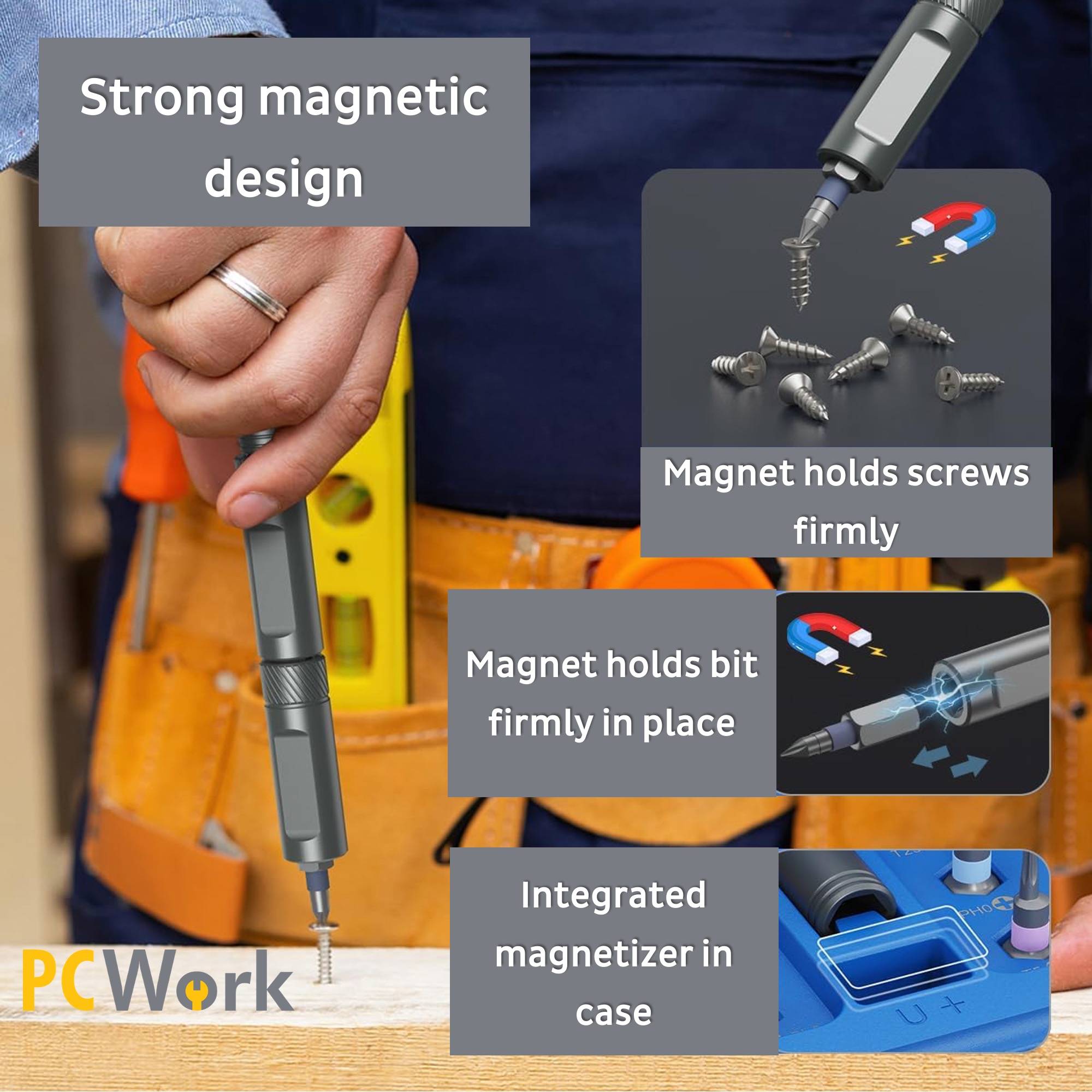 Das starke magnetische Design des PCWork PCW08K Sets hält Bits und Schrauben fest und beinhaltet einen Magnetisierer im Koffer.