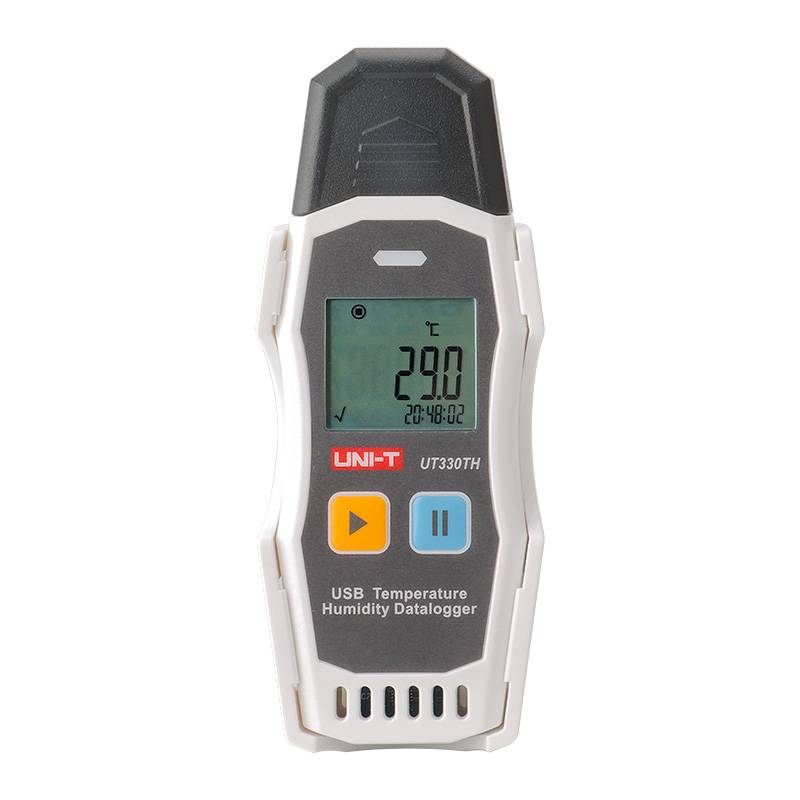 Klare Frontalaufnahme des UNI-T UT330TH USB-Datenloggers, fokussiert auf das gut ablesbare LCD-Display und die Bedienelemente.