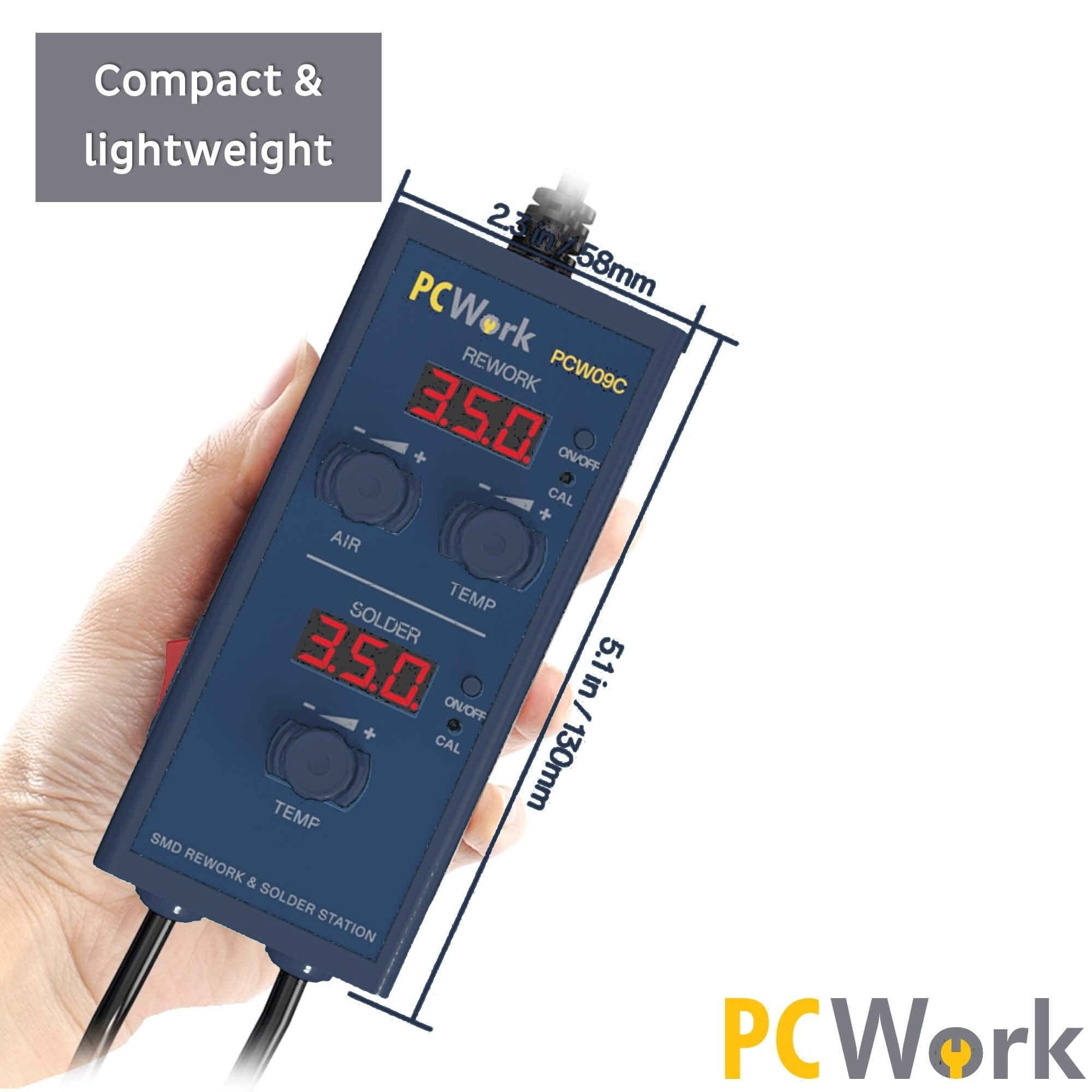Kompaktes Gehäuse der PCW09C Lötstation in der Handfläche mit Zentimeter-Maßen