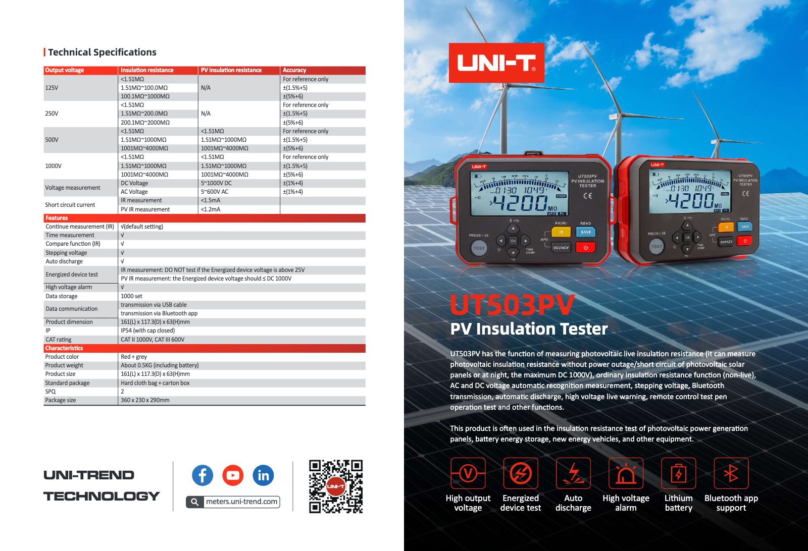 Technical data sheet page 1: specifications and features of the UNI-T UT503PV PV insulation tester.