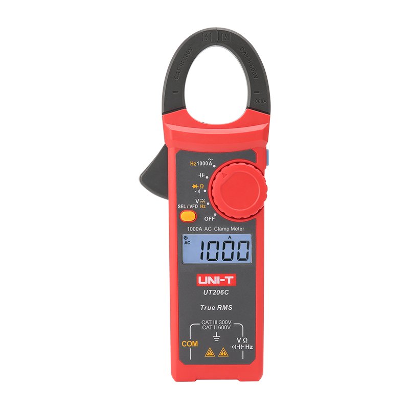 Frontansicht der UNI-T UT206C Stromzange mit beleuchtetem LCD-Display und Messzange.