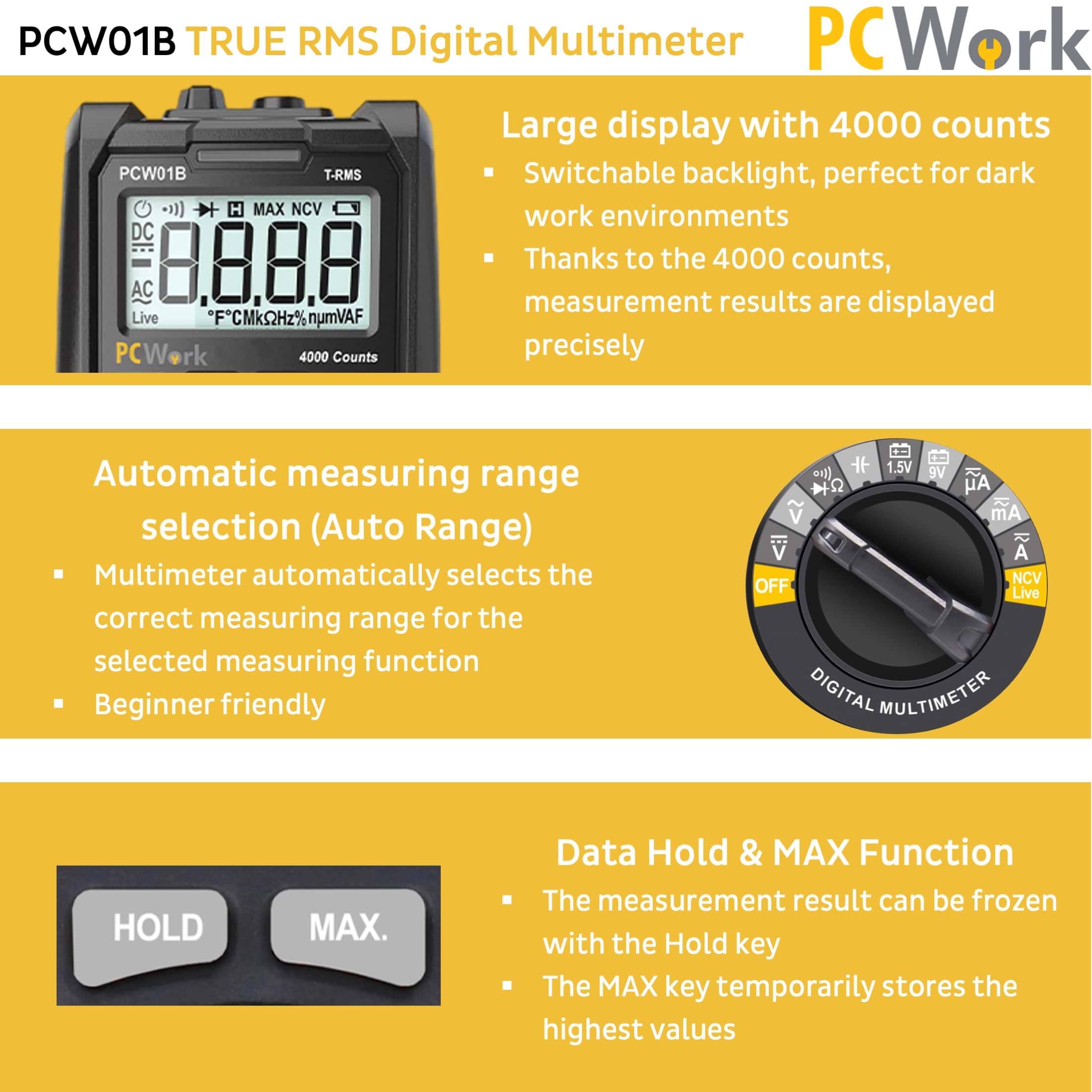 PCW01B Digitalmultimeter, True RMS, Auto Range