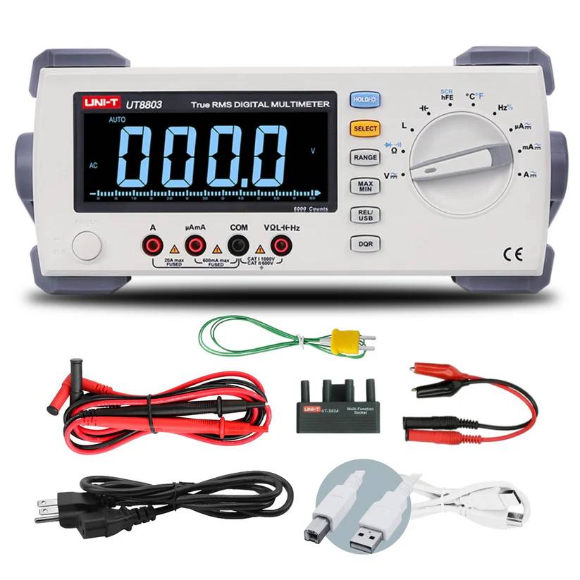 UNI-T UT8803E Bench Top Multimeter with all included accessories: test leads, temperature probe, USB and power cables.