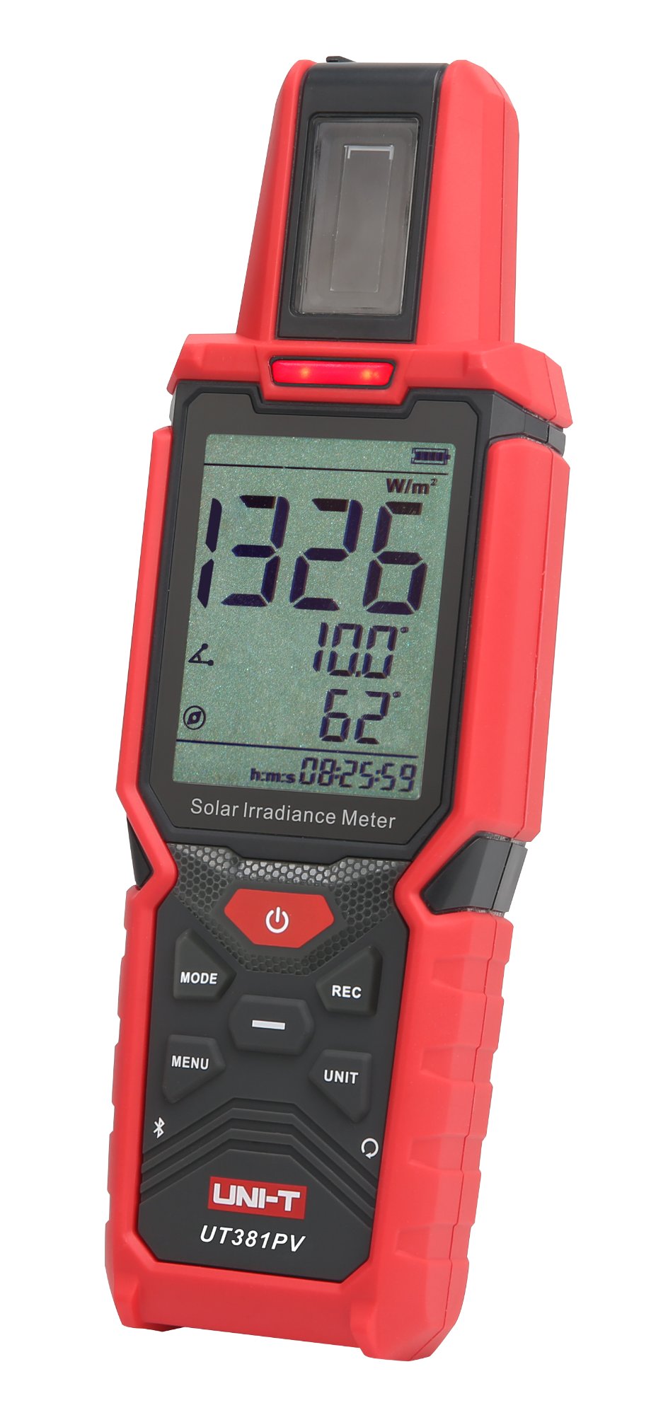 UNI-T UT381PV Solar-Messgerät mit aufleuchtenden roten LEDs für den optischen Neigungsalarm.