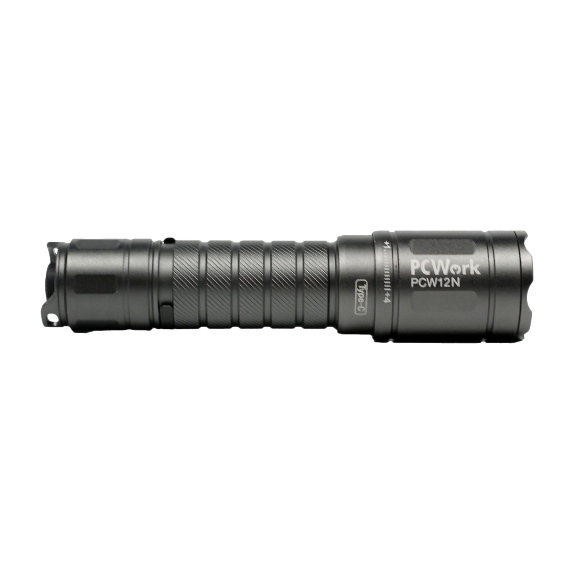 PCW12N LED-Taschenlampe liegend in horizontaler Seitenansicht auf weißem Hintergrund