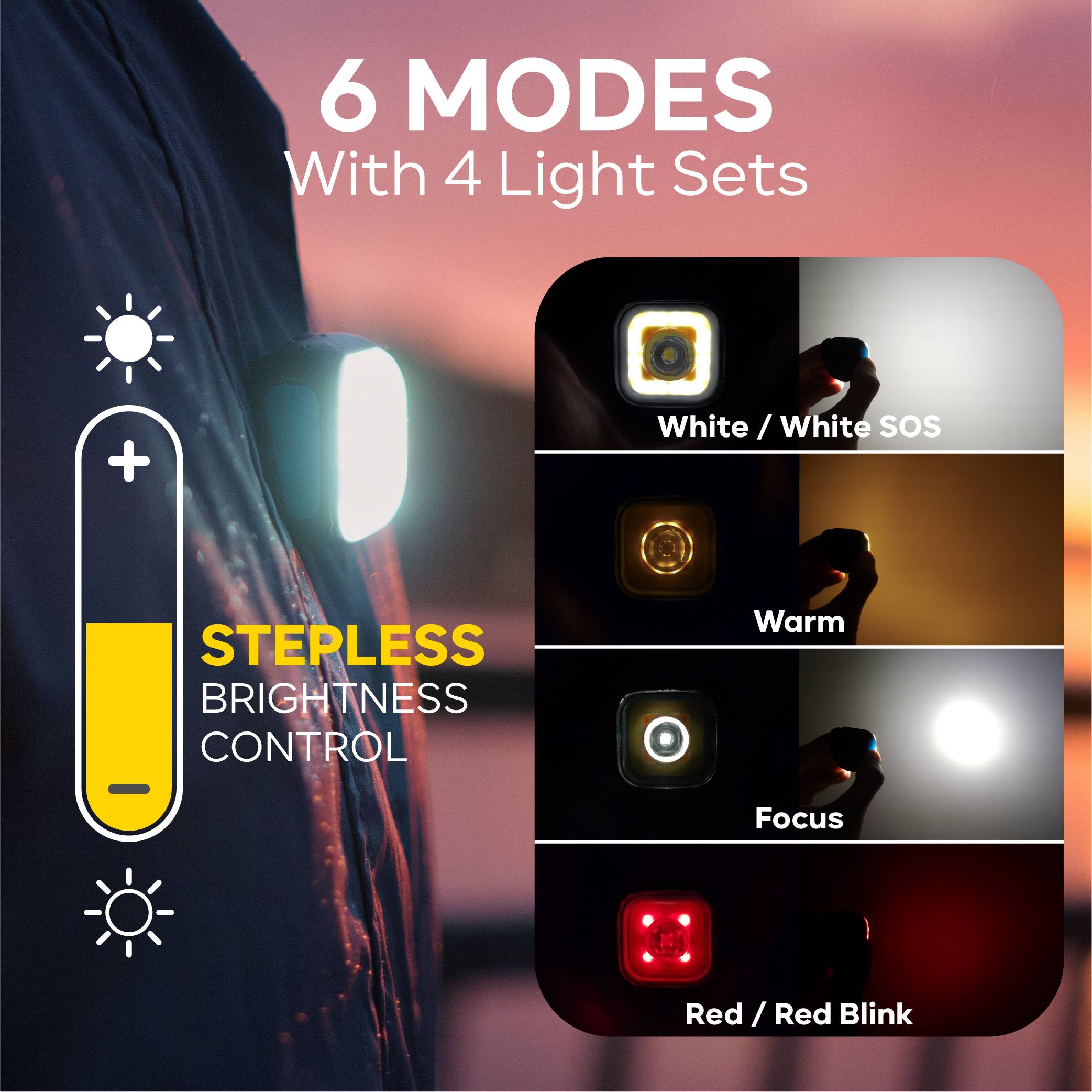 Übersicht der 6 Leuchtmodi der MEOLINQ Light01: Weiß/SOS, Warm, Fokus und Rot/Blinken, mit stufenloser Helligkeitsregelung.