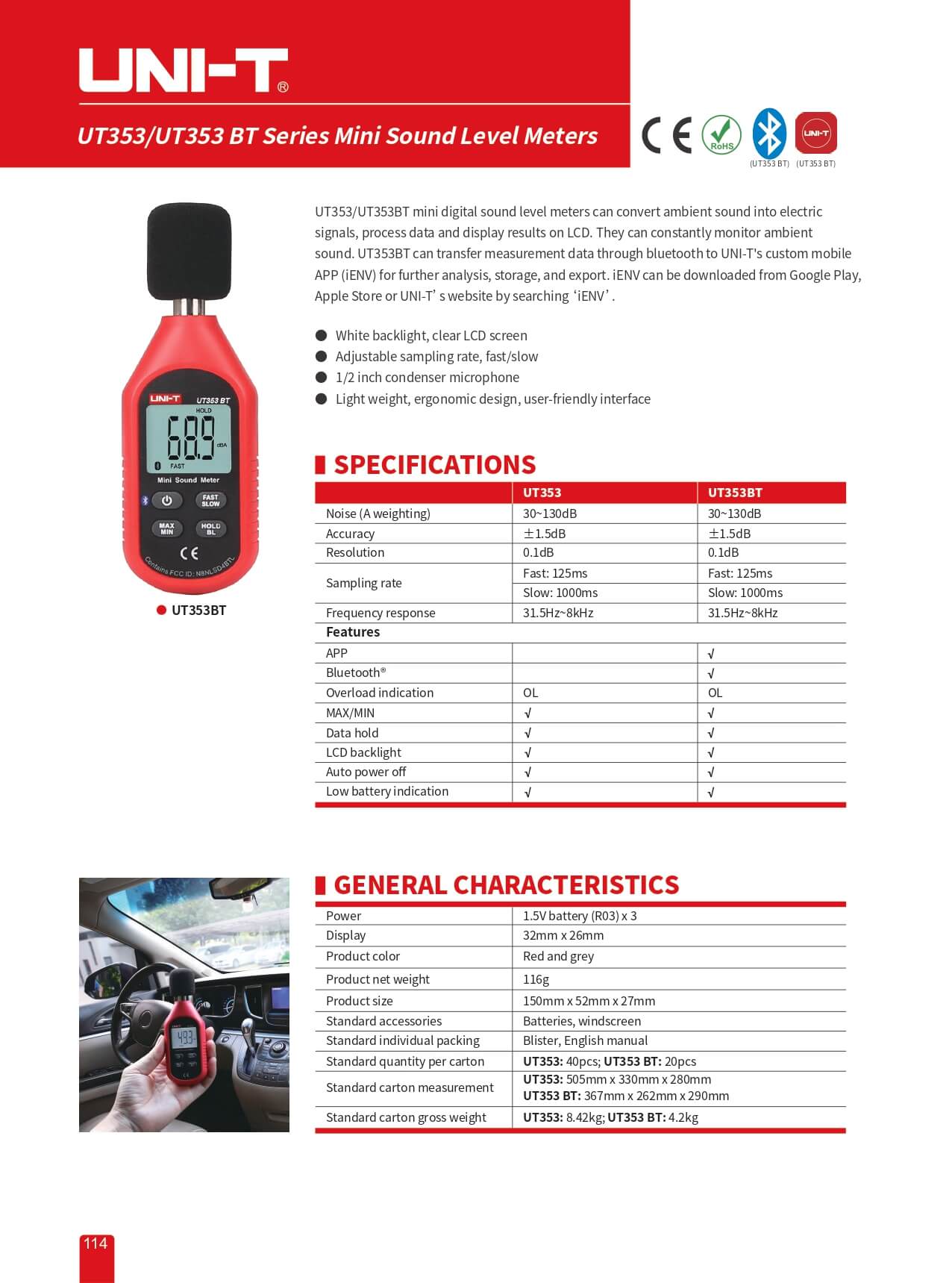 UT353BT Mini-Schallpegelmessgerät, Bluetooth, 30dB-130dB 