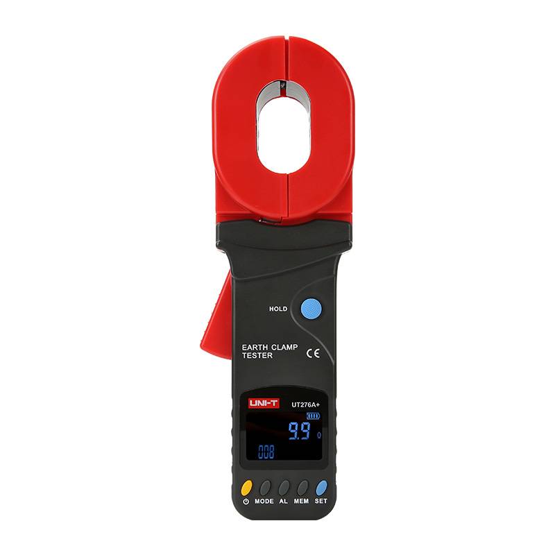 UNI-T UT276A+ Earth Ground Clamp Meter for measuring earth resistance, front view with the display turned on.