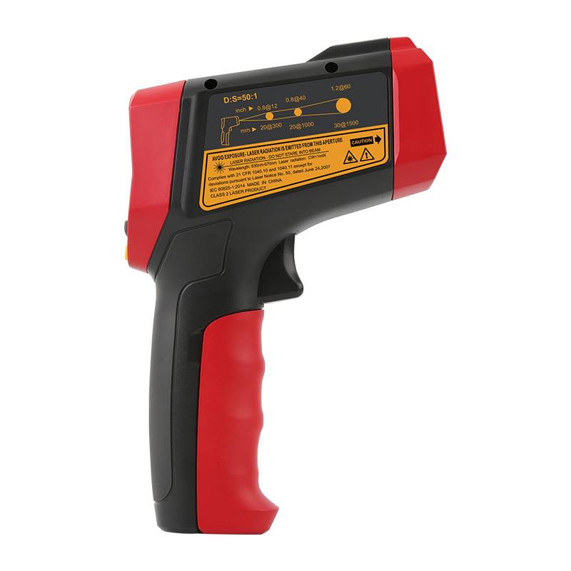 Side view of the UNI-T UT305S showing a close-up of the 50:1 D:S ratio diagram and laser warning labels.