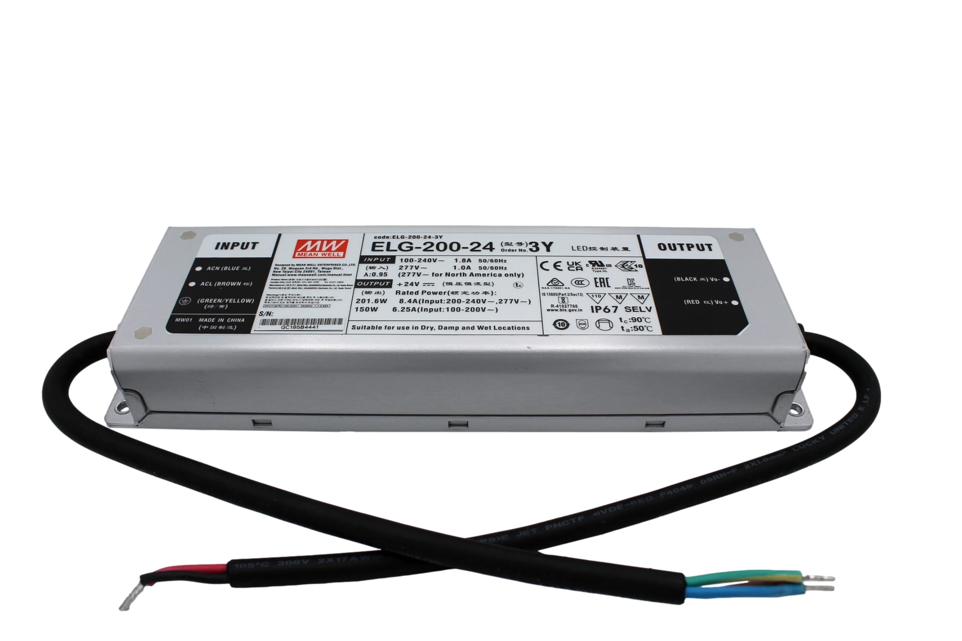 ELG-200-24-3Y Led-Trafo, IP67 201,6W, 24V, 8,4A CV+CC + PE, MEAN WELL