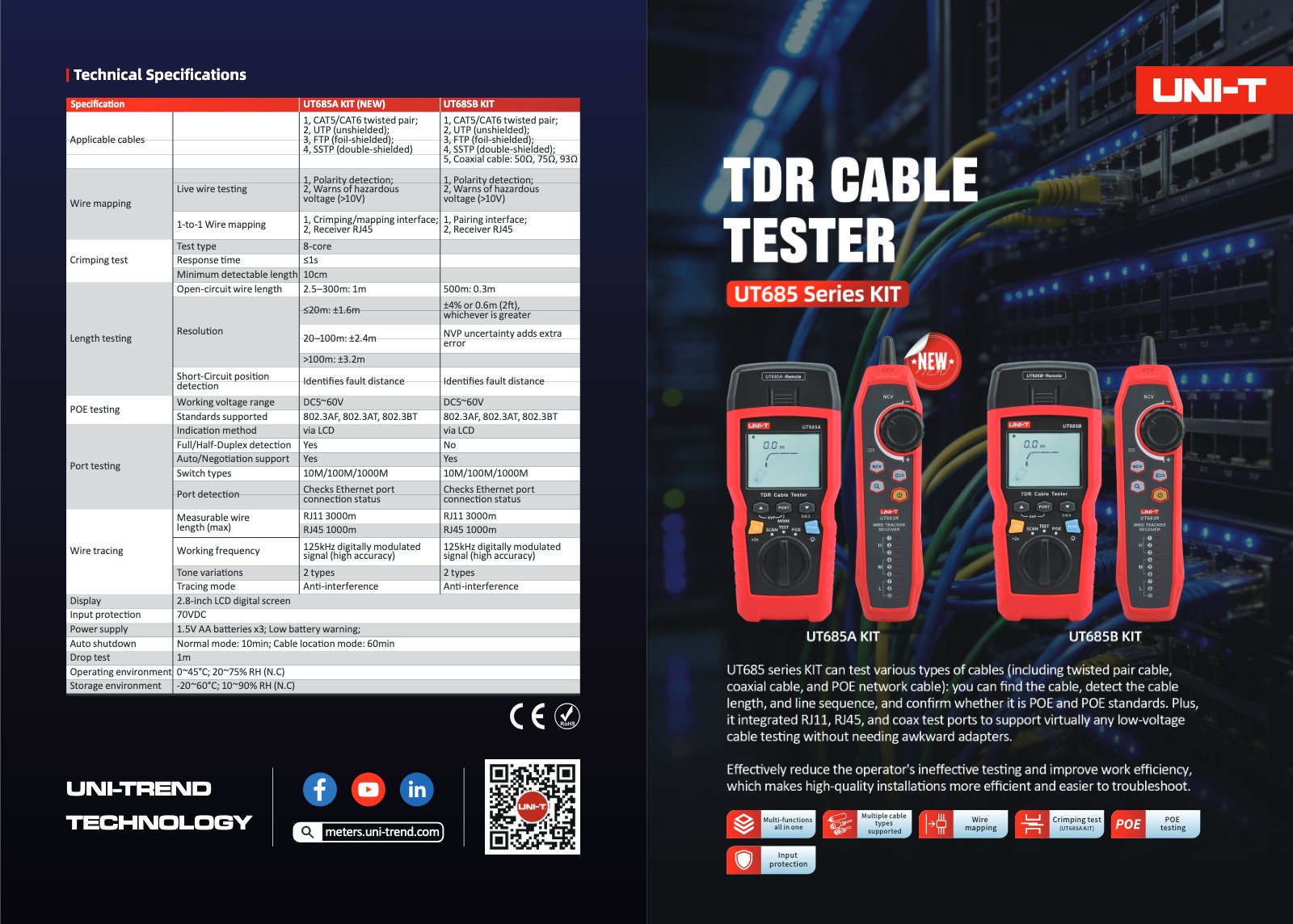Technisches Datenblatt Seite 1: Spezifikationen und Funktionsübersicht des UNI-T UT685A KIT