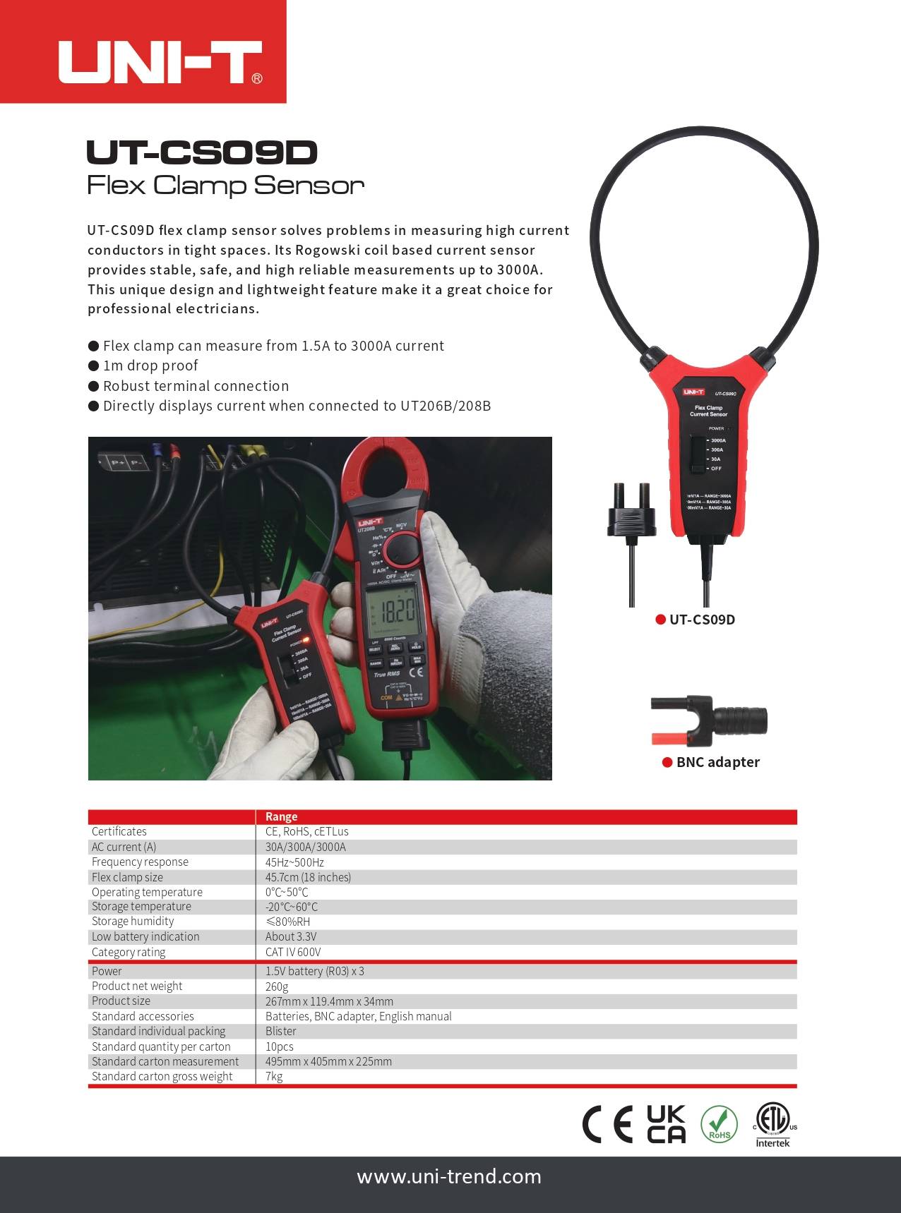 Datasheet of the UNI-T UT-CS09D current clamp sensor showing all technical data, features, and the CAT IV 600V safety rating.