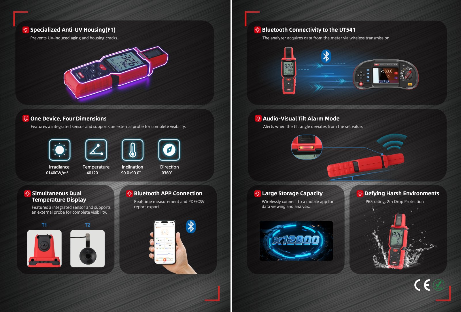 Technisches Datenblatt Seite 2: Funktionen, Bluetooth und Gehäuse des UNI-T UT381PV