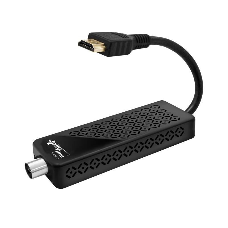 Compact DVB-T2 HD Receiver Stick JL43703 with an integrated HDMI cable for receiving free-to-air HD channels.