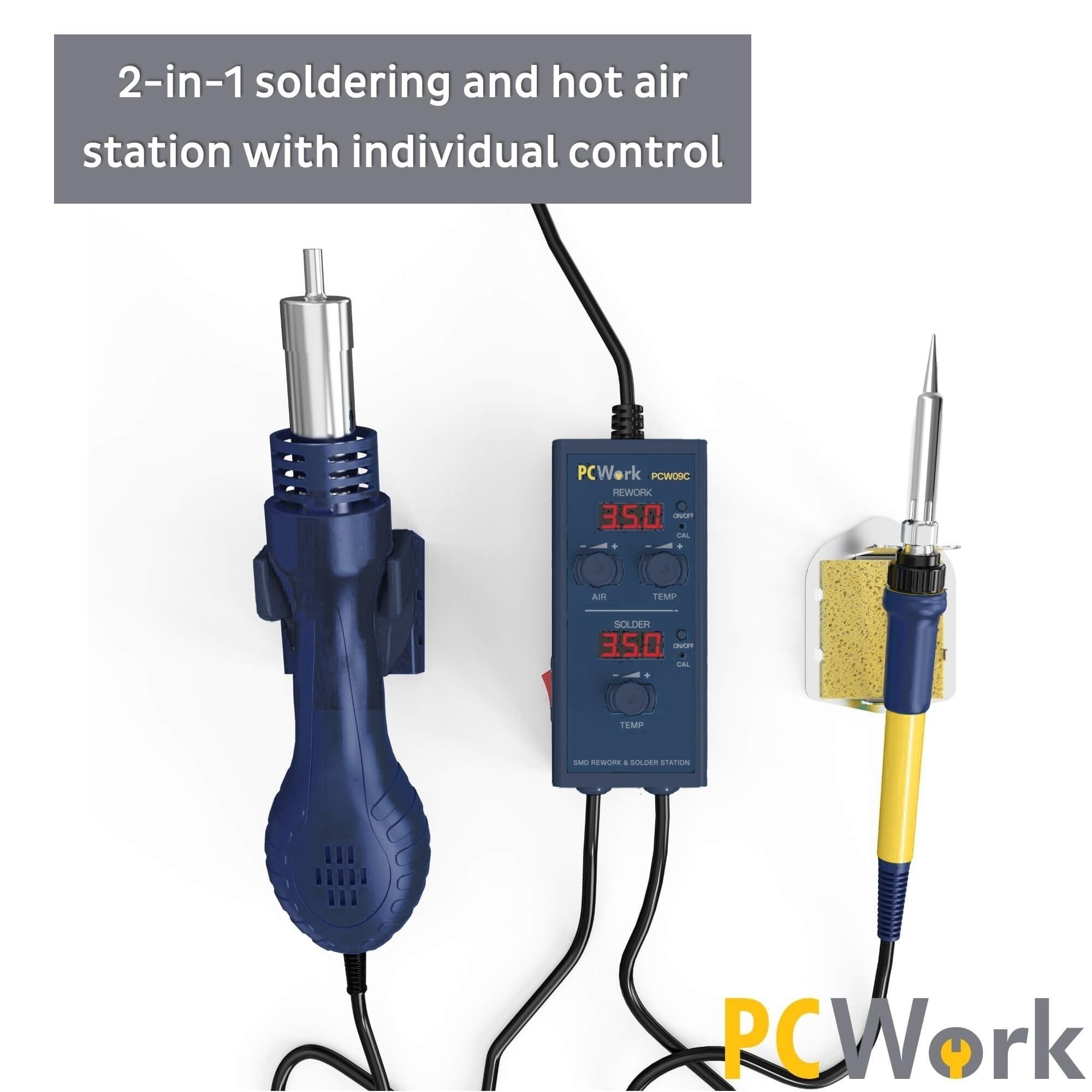 Frontansicht der PCW09C 2-in-1 Lötstation mit Heißluftfön, Kolben und getrennten Displays