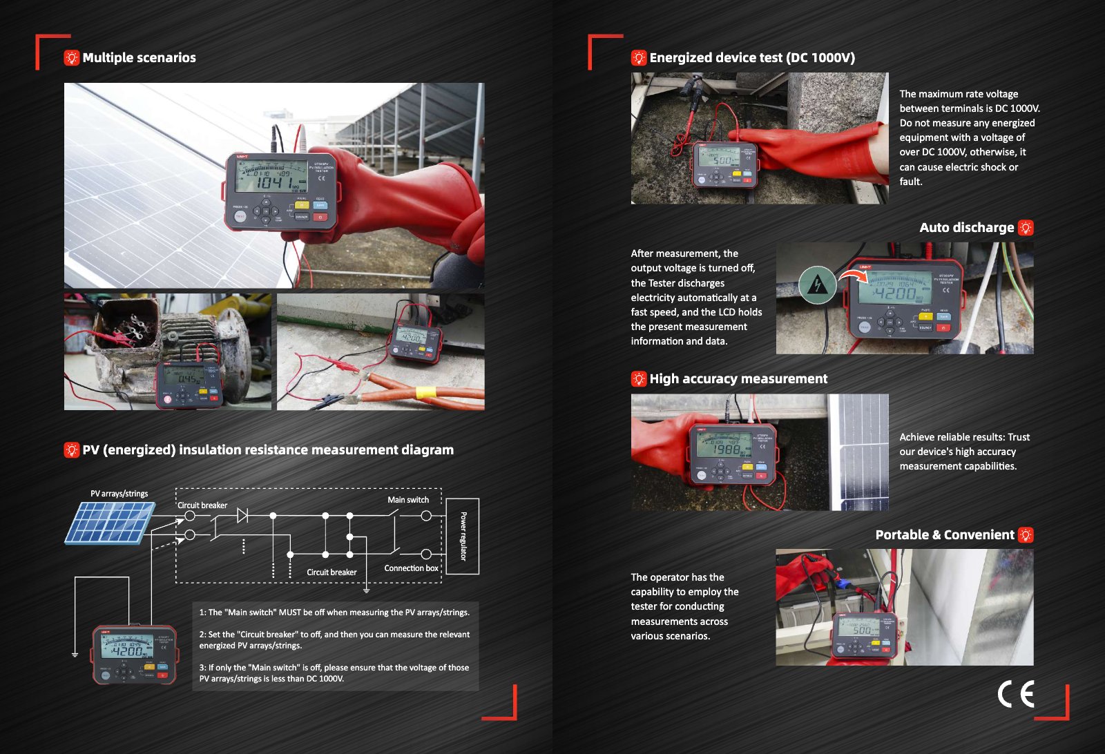 Technical data sheet page 2: application scenarios and test diagrams for the UT503PV PV insulation tester.