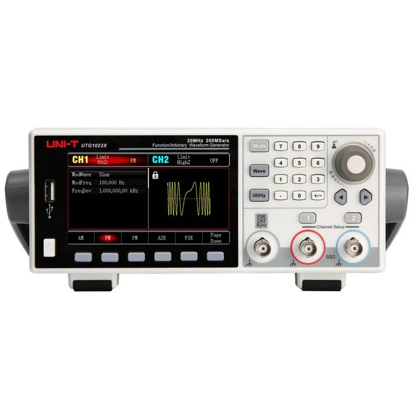 Front view of the UNI-T UTG1022X dual-channel function generator with the display powered on, showing a waveform.