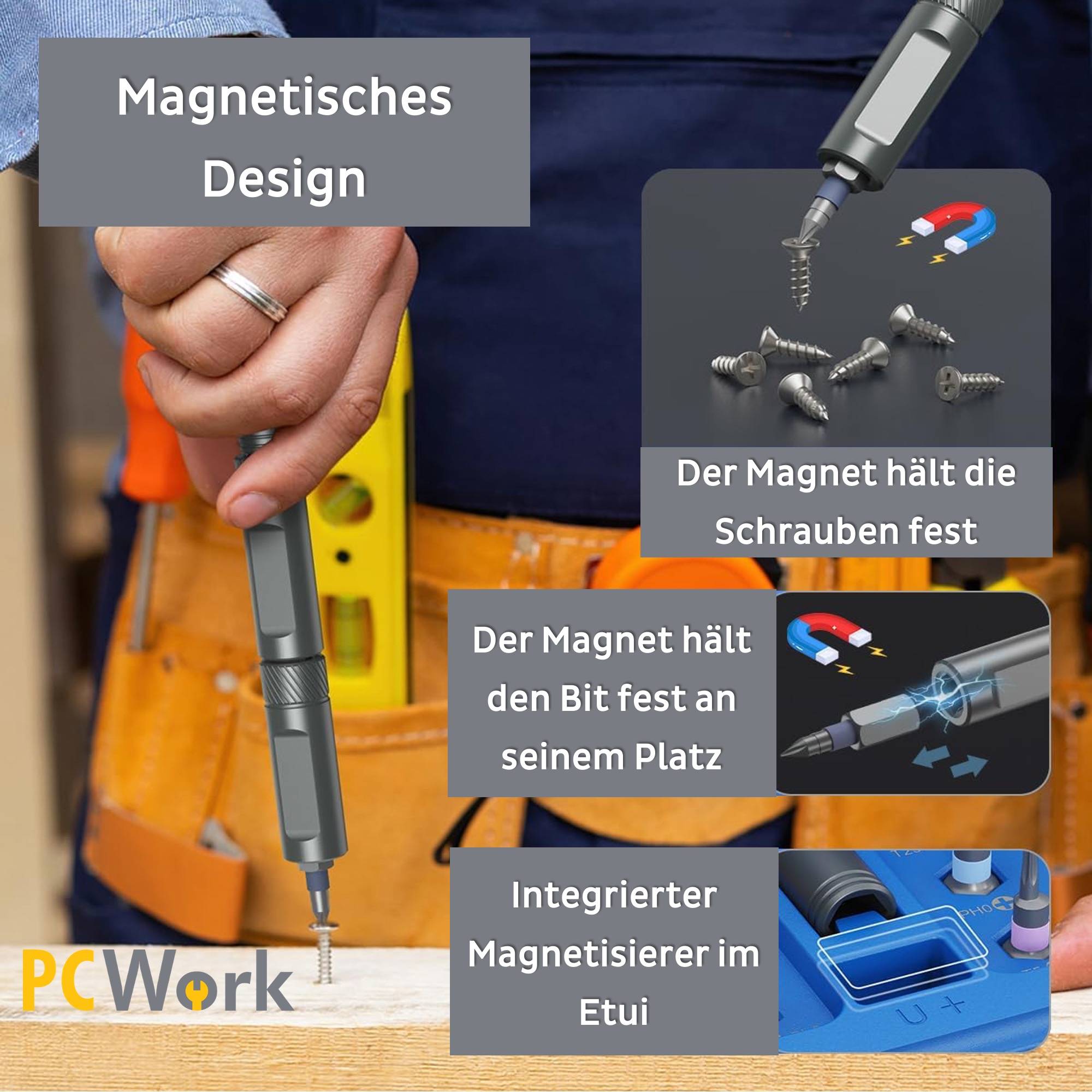 Magnetisches Design des PCWork PCW08K Sets: Magnet hält Schrauben und Bits fest, mit integriertem Magnetisierer im Etui.
