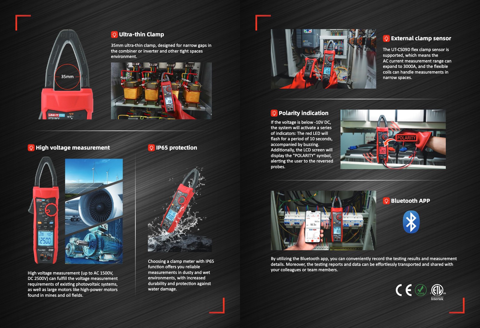 Technical data sheet page 2: Features including IP65, Bluetooth, and polarity alert for UT219PV clamp meter.