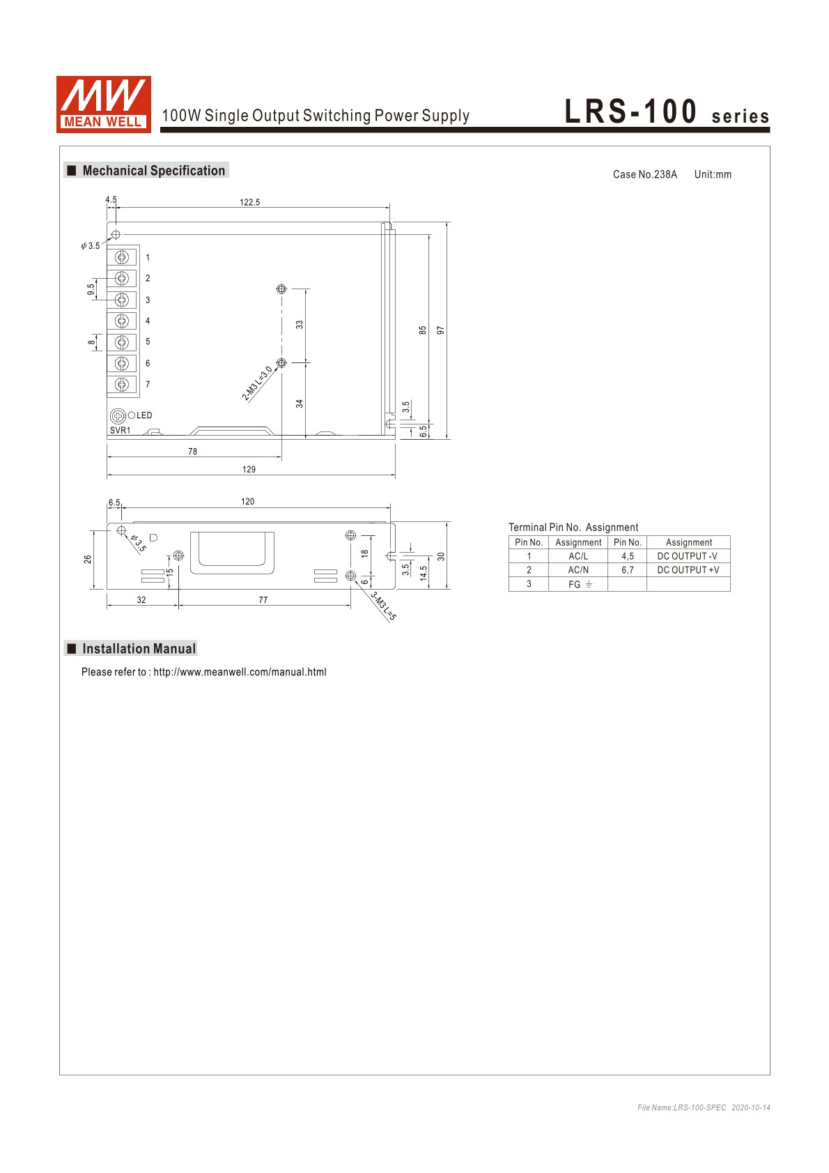 LRS-100-24 Schaltnetzteil, geschlossen, 108W, 24V, 4,5A, MEAN WELL