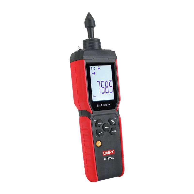 UNI-T UT372D Drehzahlmesser mit spitzem Messadapter zur Kontaktmessung der Drehzahl, Display zeigt 758.5 RPM.