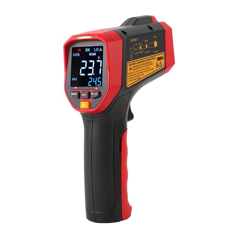 Close-up of the display and control buttons of the UNI-T UT305S infrared thermometer.