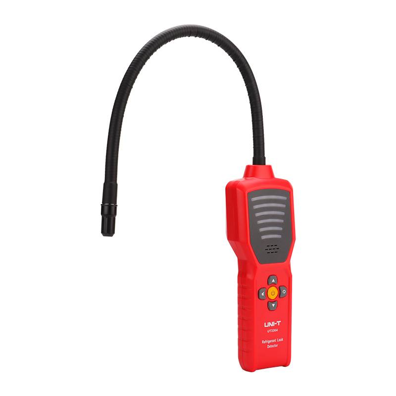 Angled side view of the UNI-T UT336A refrigerant leak detector, showcasing its ergonomic body and control buttons.