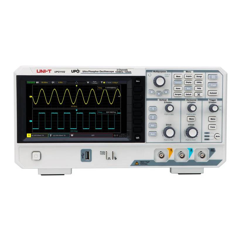 Front view of the UNI-T UPO1102 100 MHz 2-channel oscilloscope, showing a sine and square wave on its 7-inch display.