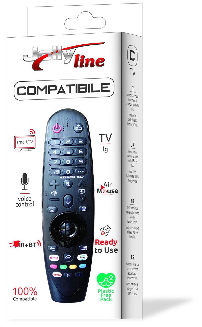 The JL1502 universal remote for LG TVs with its plastic-free packaging, highlighting features like Air Mouse and voice control.