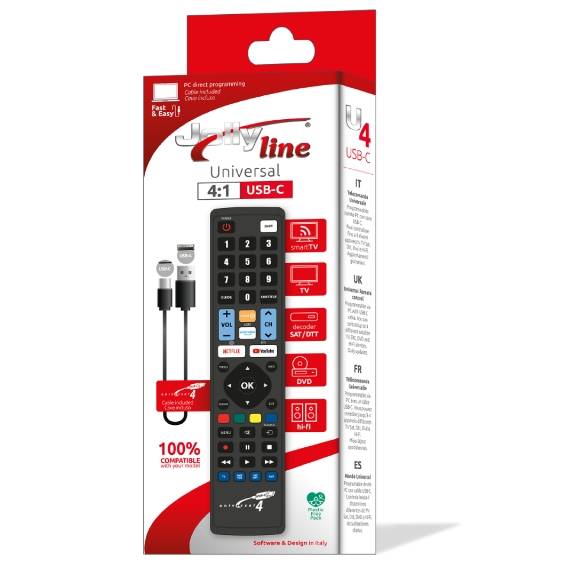 Product packaging for the Jovylne Universal 4:1 USB-C remote control JL3088USB.