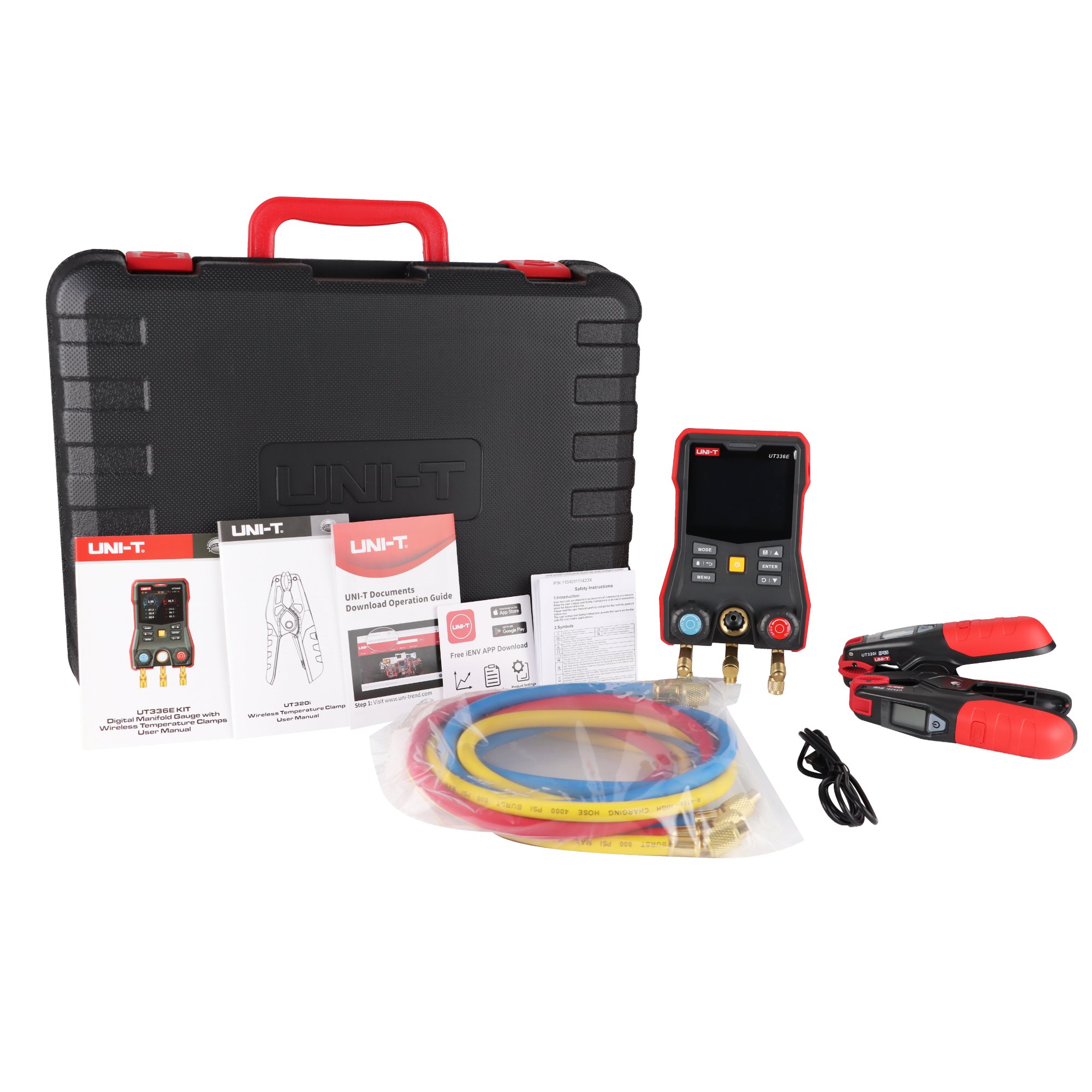 Complete UT336E KIT package with hard case, charging cables, hoses, and clamp sensors