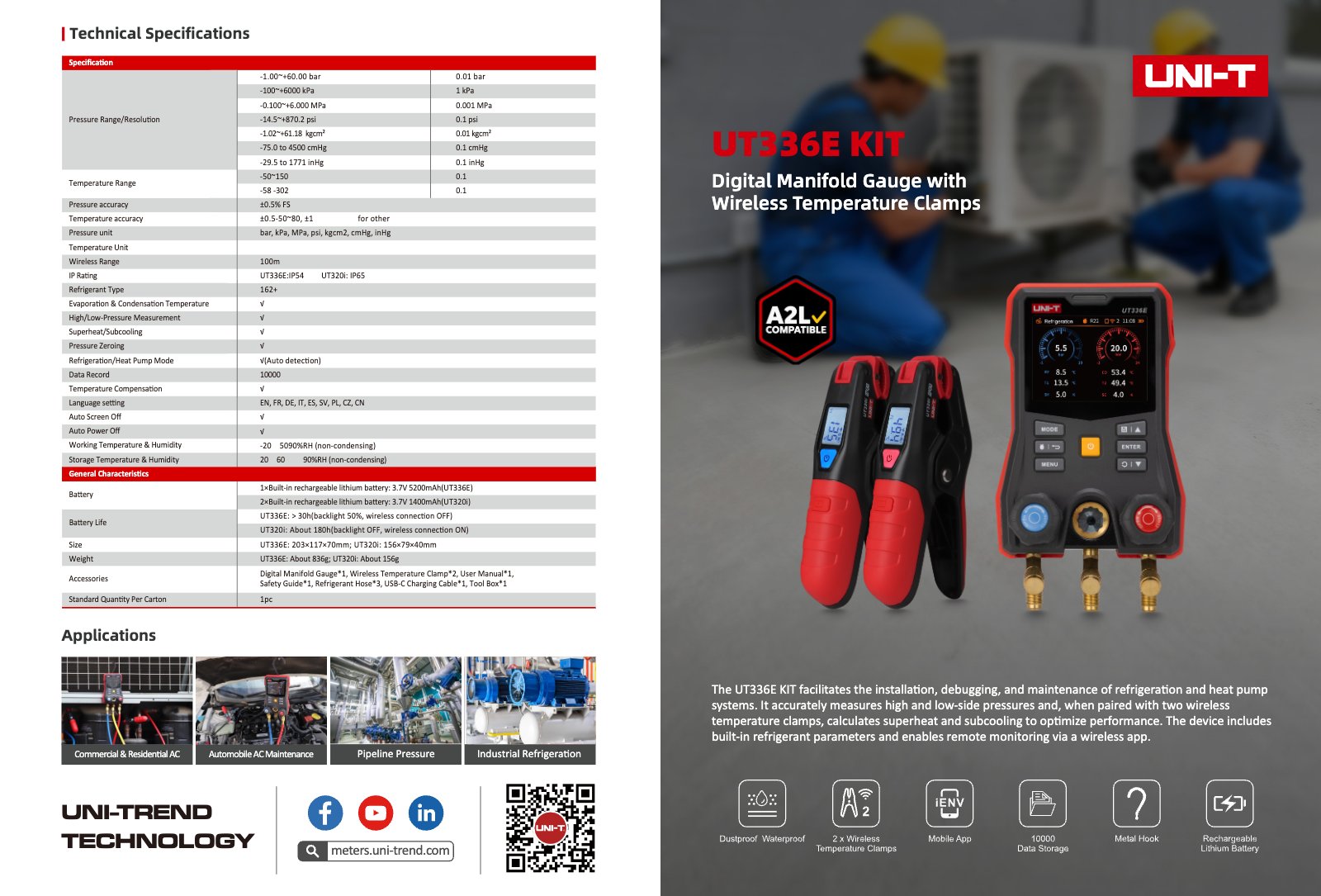 Technical data sheet page 1: Specifications and overview of the UT336E KIT digital manifold