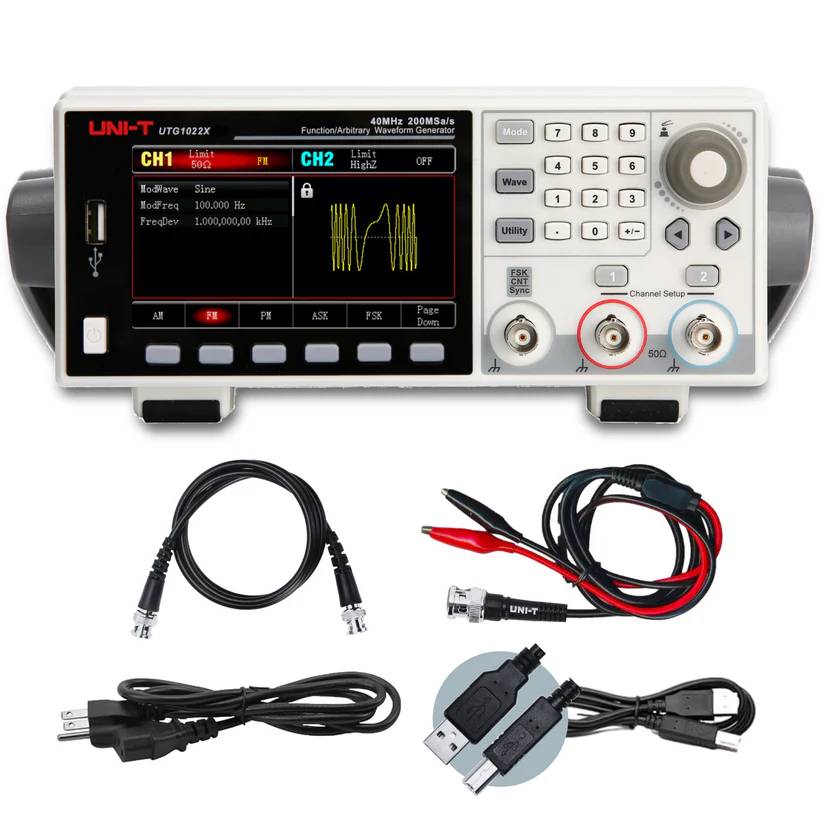 UNI-T UTG1022X Function Generator with a full set of accessories, including BNC cable, power cord, and USB cable.
