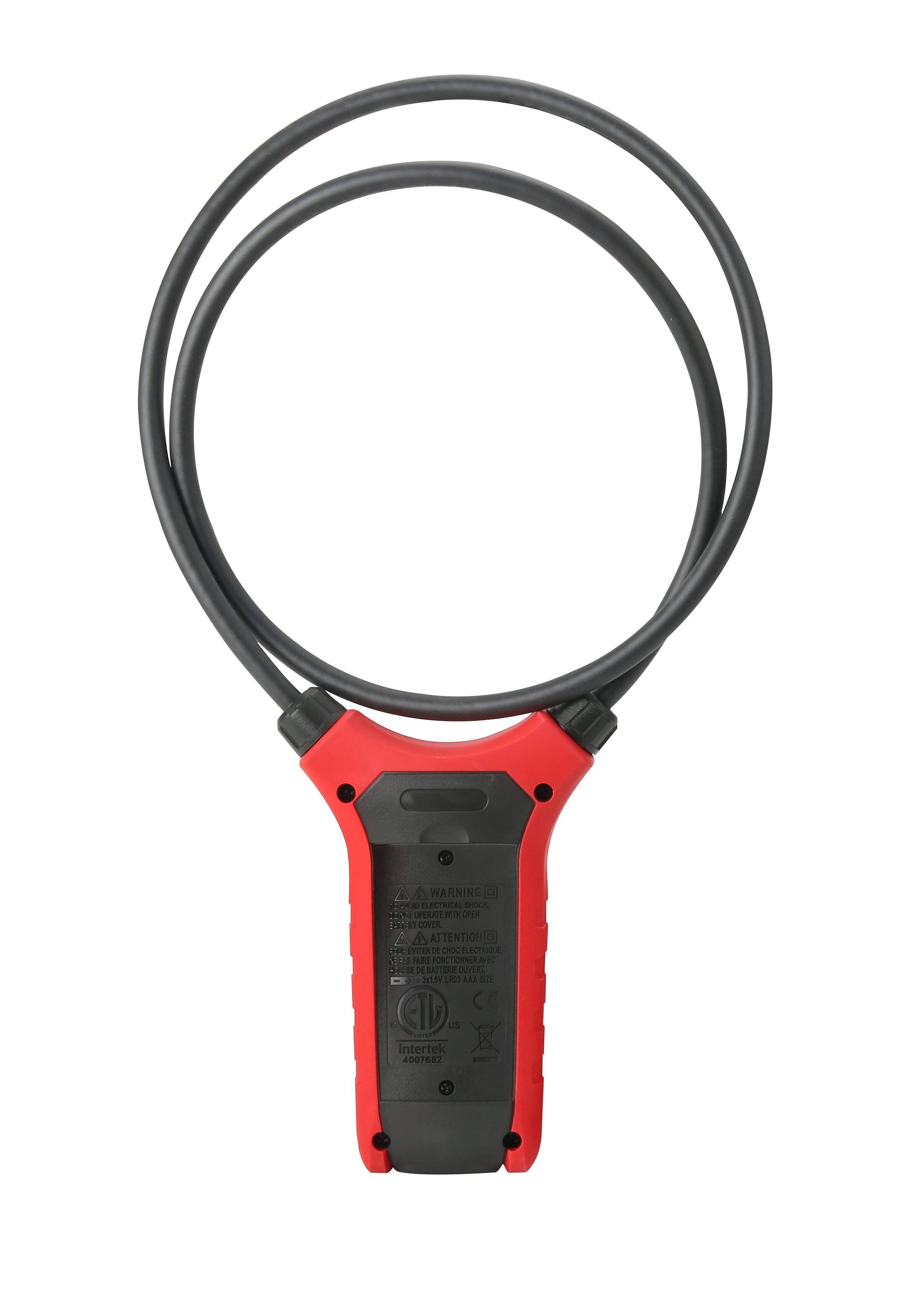 Rückseite der UNI-T UT281F Flexiblen Stromzange mit Batteriefach, Warnhinweisen und ETL-Zertifizierungszeichen.